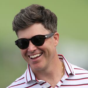 FARMINGDALE, NEW YORK - SEPTEMBER 24: Actor Colin Jost smiles during the All-Star Match prior to the Ryder Cup 2025 at Black Course at Bethpage State Park Golf Course on September 24, 2025 in Farmingdale, New York. (Photo by )