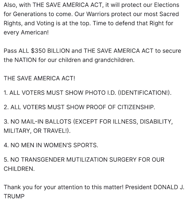 Screengrab of Trump's Truth Social post.