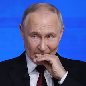 Russian President Vladimir Putin gestures during his annual joint call-in-show and press conference, on Dec. 19, 2025 in Moscow, Russia.