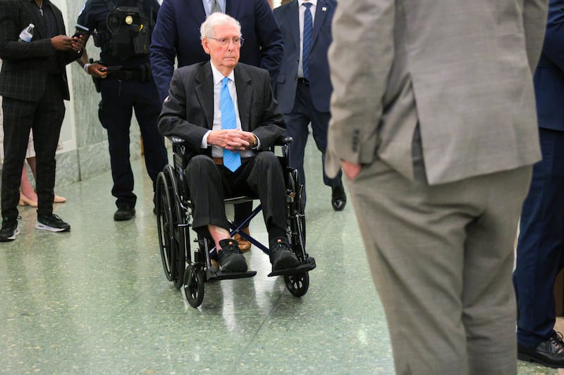 WASHINGTON, DC - MAY 12: U.S. Sen. Mitch McConnell (R-KY) arrives for a Senate Appropriations Committee hearing on the FY2027 budget request in the Dirksen Senate Office Building on Capitol Hill on May 12, 2026 in Washington, DC. The Trump administration is asking for an unprecedented $1.5 trillion for the Pentagon, an increase of 50-percent over last year's budget. (Photo by Chip Somodevilla/Getty Images)