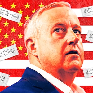 A photo illustration of Michael Whatley, the US flag, and "Made in China" tags.