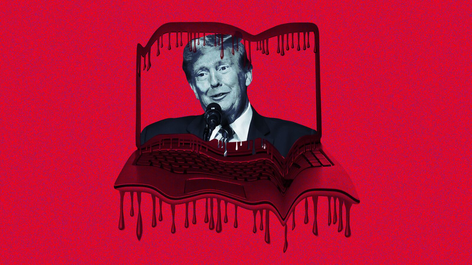 A photo illustration showing Donald Trump in a melting laptop.