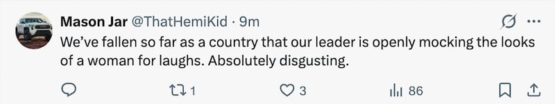 An X user reacts to Donald Trump's WHCD speech.