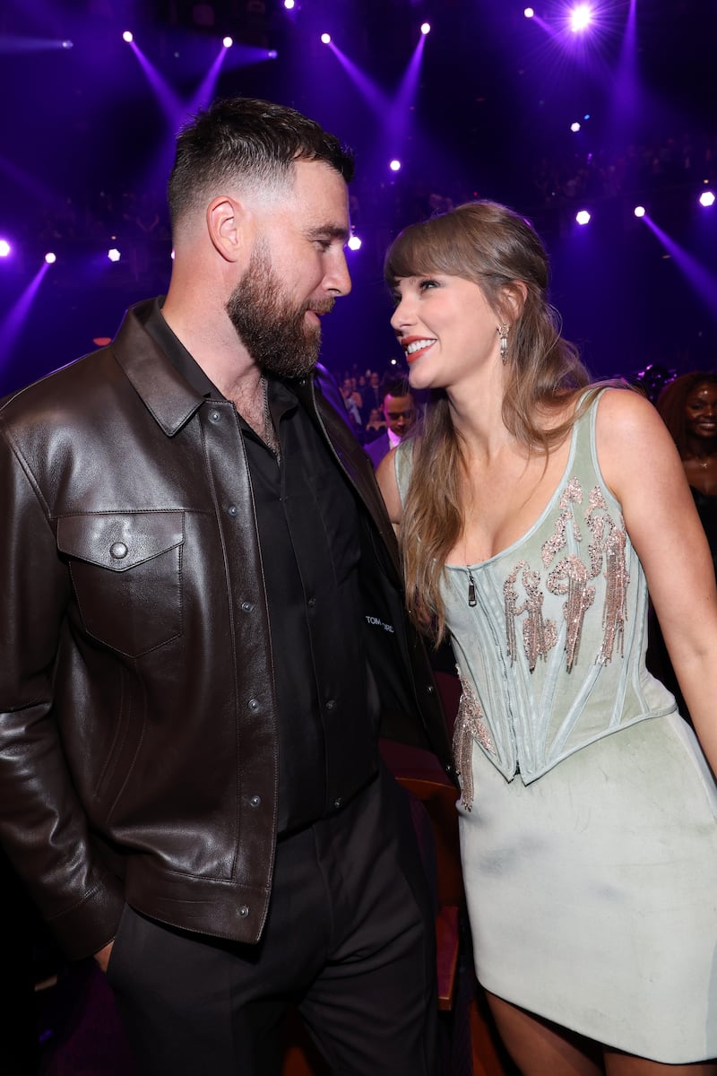 Travis Kelce and Taylor Swift attend the 2026 iHeartRadio Music Awards at Dolby Theatre on March 26, 2026 in Los Angeles, California.