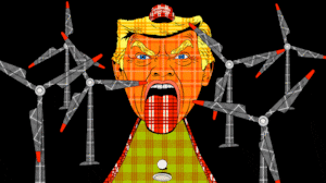Donald Trump as a mini golf figure made out of tartan plaid and wind turbines spinning