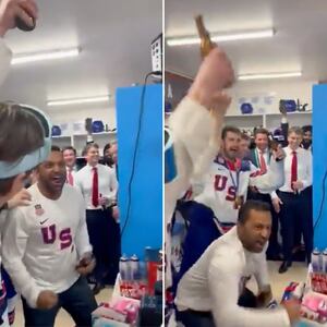 Kash Patel in US Men's Hockey locker room at the Milan Olympics