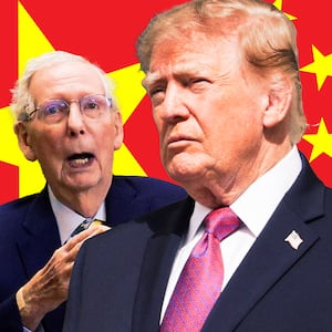 A photo illustration of Mitch McConnell and Donald Trump and China flag.