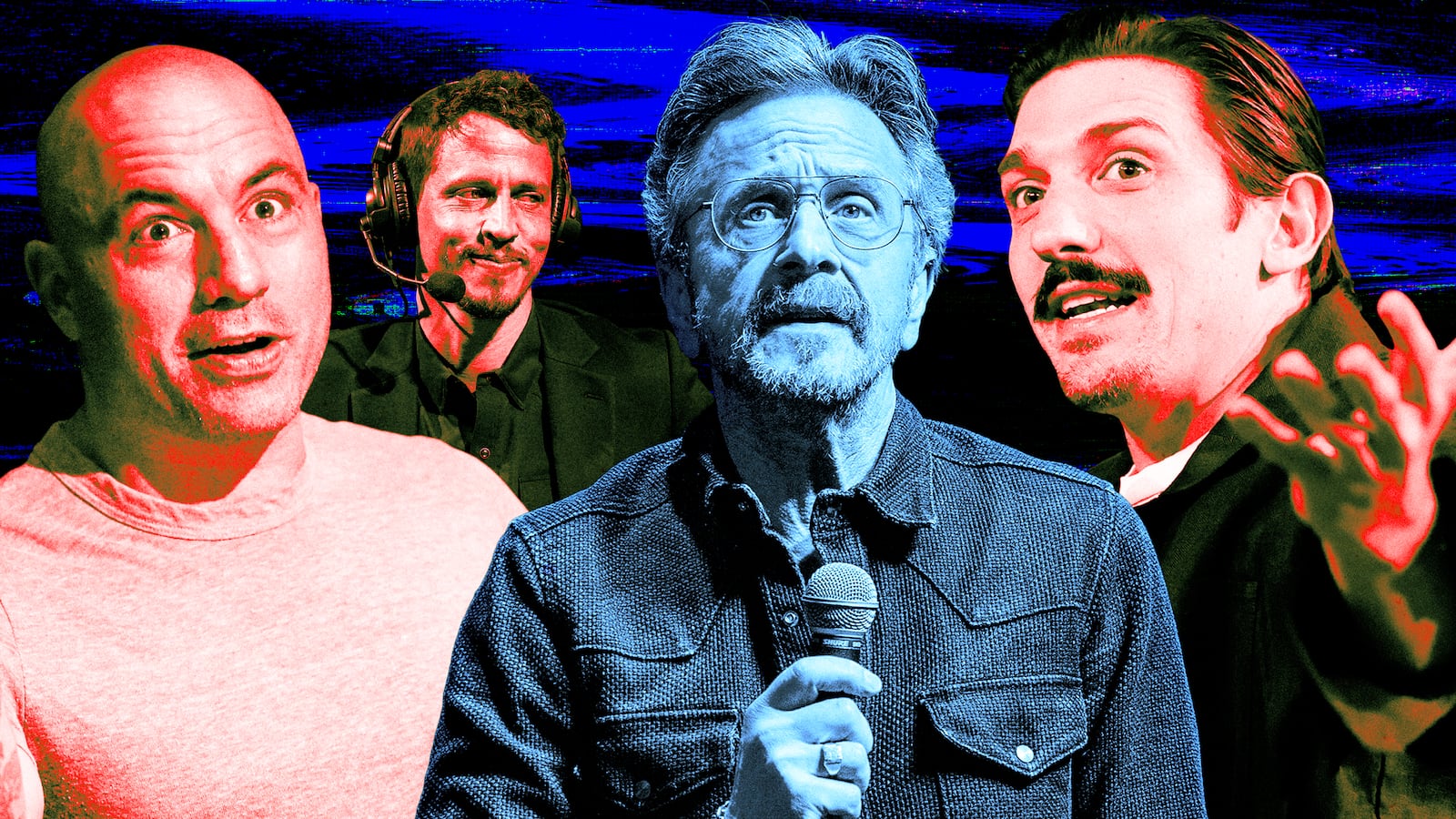 A photo illustration of Joe Rogan, Tony Hinchcliffe, Marc Maron, and Andrew Schulz.