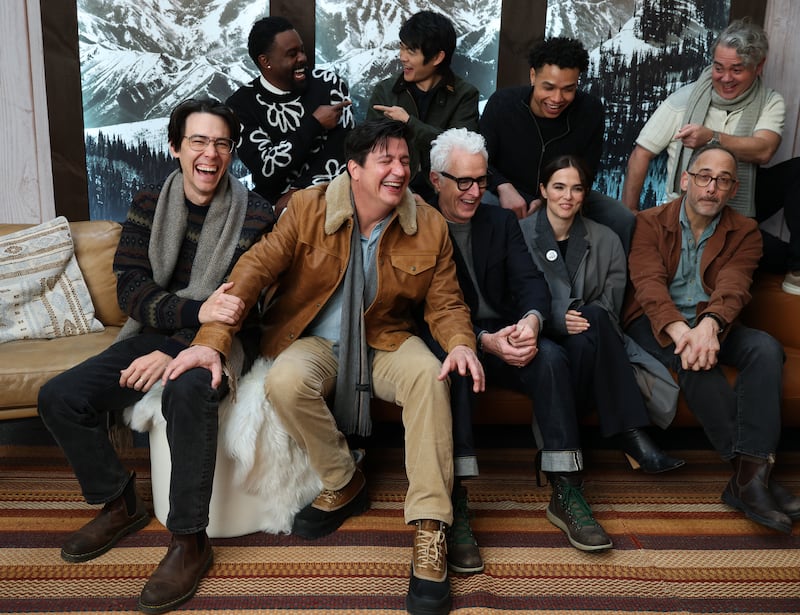 PARK CITY, UTAH - JANUARY 25: (Front Row) Zac Oyama, Ken Marino, John Slattery, Zoey Deutch, David Wain (Back Row) Tobie Windham, Ben Wang, Miles Gutierrez-Riley and Joe Lo Truglio visit the IMDb Portrait Studio at Acura House of Energy on location at Sundance 2026 on January 25, 2026 in Park City, Utah. (Photo by Mat Hayward/Getty Images for IMDb)