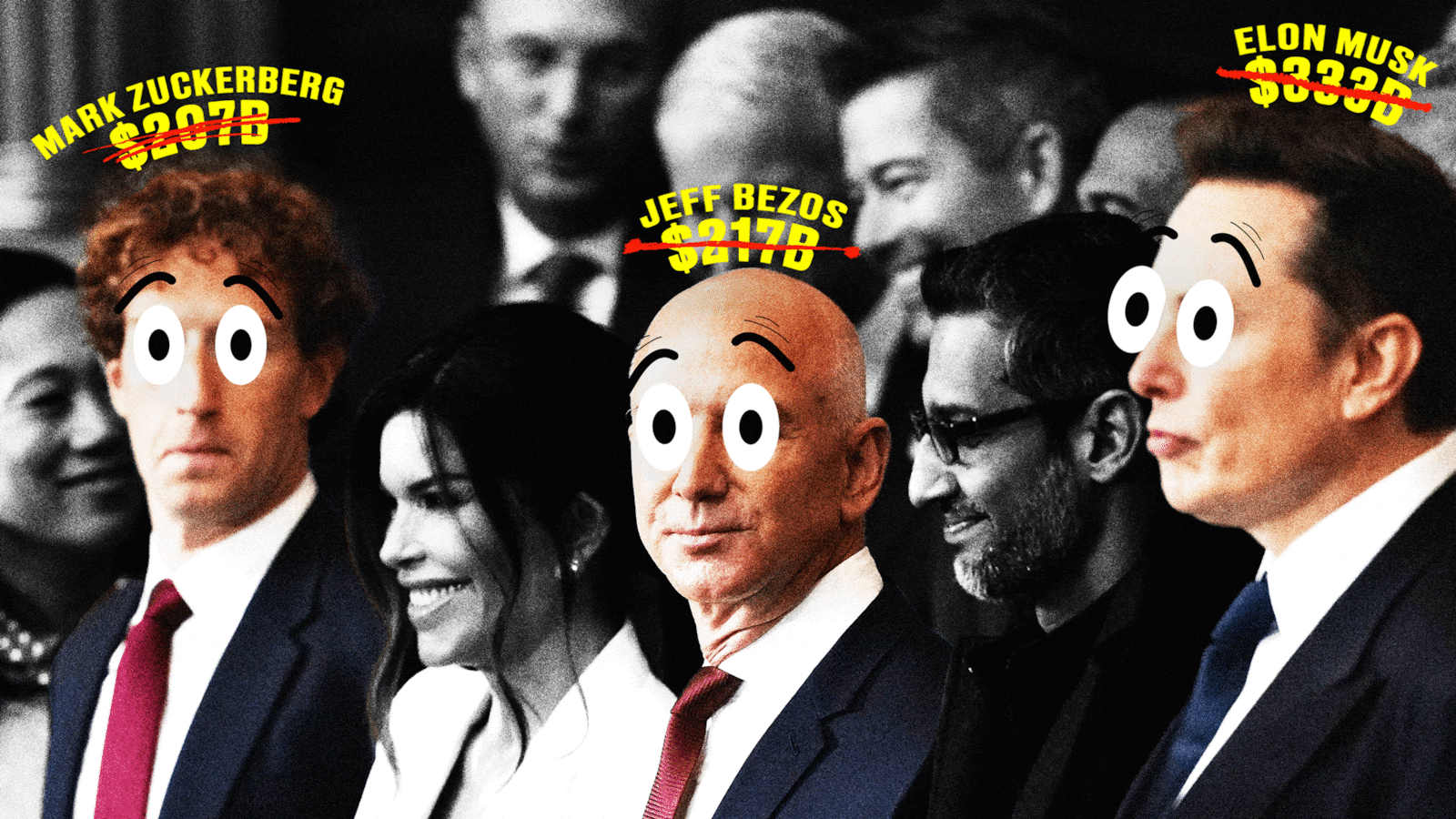 Jeff Bezos, Mark Zuckerberg, and Elon Musk at the Inauguration with shocked eyes and their crossed out net worths above his head