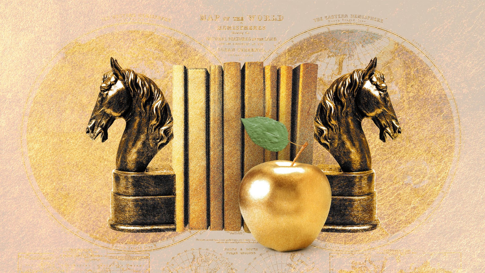 Photo illustration of golden horse bookends with gold books between and a gold apple in front on a gold map background