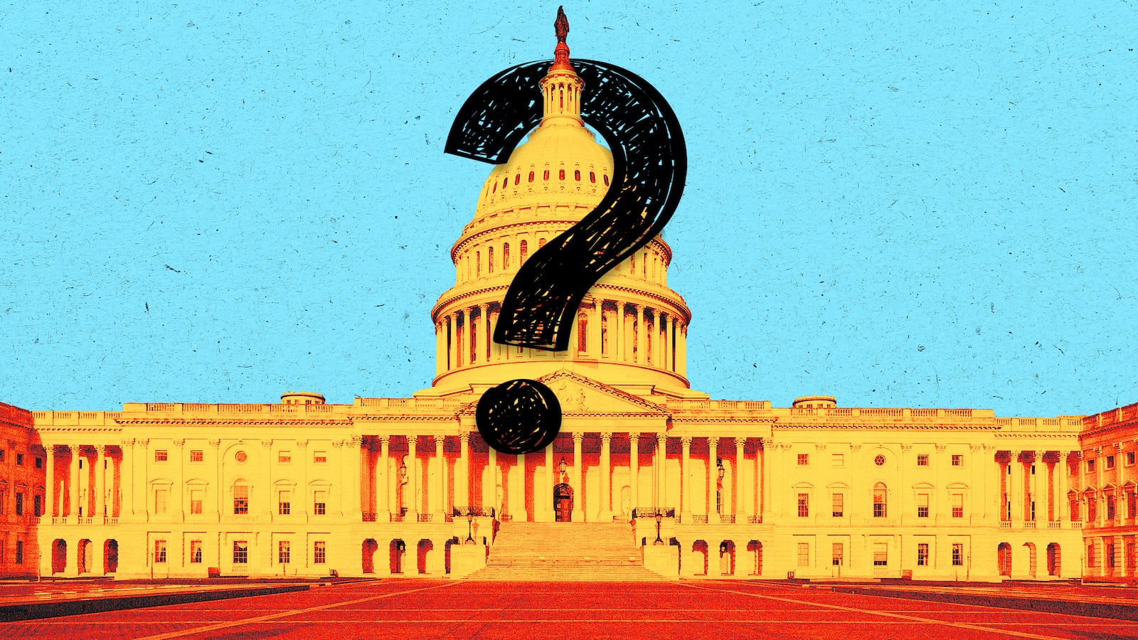 A photo illustration of the US Capitol building with a question mark hanging on it.
