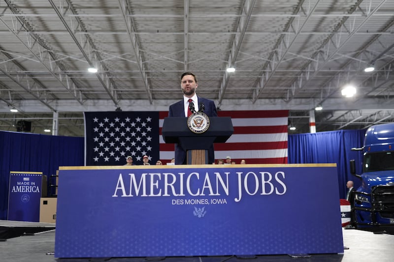 U.S. Vice President JD Vance speaks during an event with Representative Zach Nunn (R-IA), at Ex-Guard Industries, a manufacturing facility in Des Moines, Iowa, May 5, 2026. REUTERS/Jim Vondruska REFILE - FIXING HEADLINE