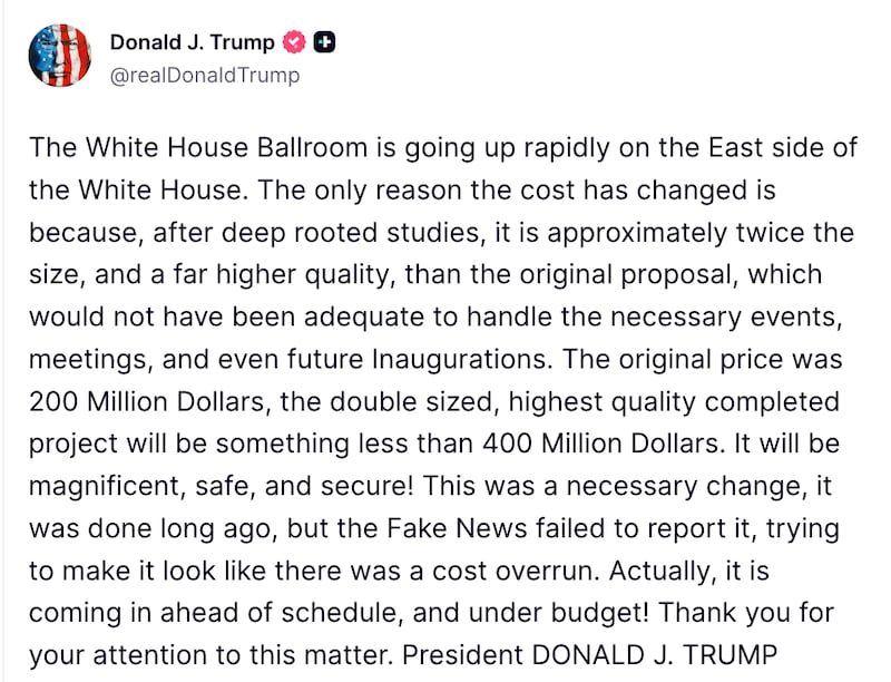 Trump Truth Social post about his ballroom