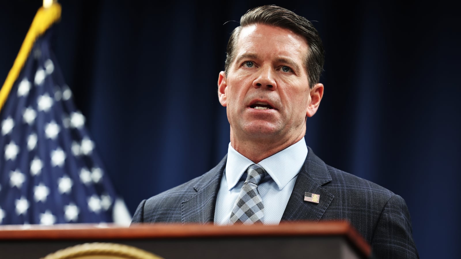 NEW YORK, NEW YORK - OCTOBER 22: James Dennehy, assistant director in charge of the FBI’s New York Field Office, speaks during a press conference at the US Attorney's office on October 22, 2024 in New York City. Breon Peace, US Attorney for the Eastern District of New York, announced the arrest of former Abercrombie & Fitch CEO Mike Jeffries, his partner Matt Smith and a third man, Jim Jacobson, and unsealed a 16-count indictment for sex trafficking and interstate prostitution. The investigation began in January after alleged victims filed a civil lawsuit a year ago. (Photo by Michael M. Santiago/Getty Images)