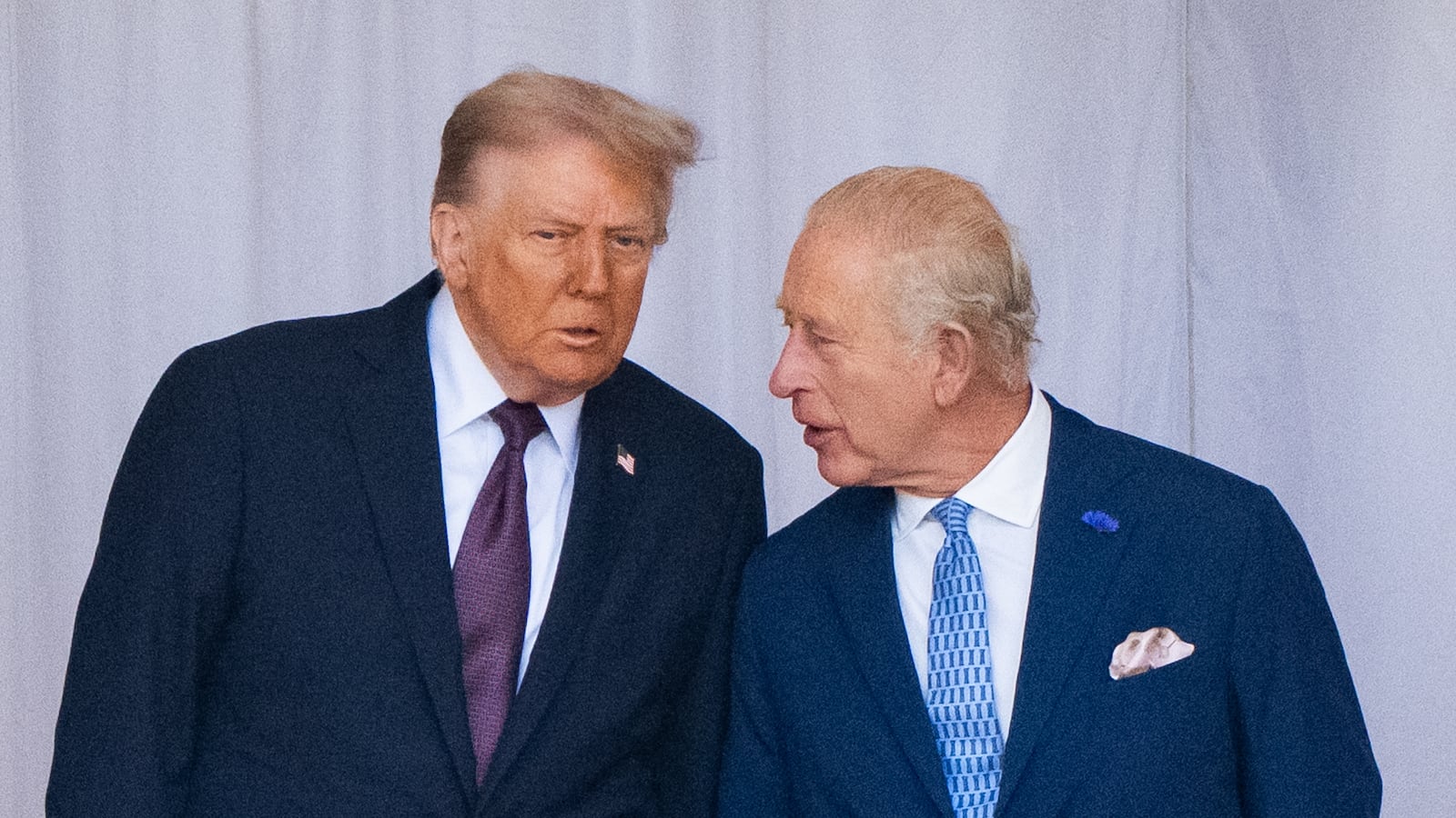 WINDSOR, ENGLAND - SEPTEMBER 17: King Charles III and US President Donald Trump at the Ceremonial Welcome during the State visit by the President of the United States of America at Windsor Castle on September 17, 2025 in Windsor, England. (Photo by Zak Hussein - Pool via Samir Hussein/WireImage)
