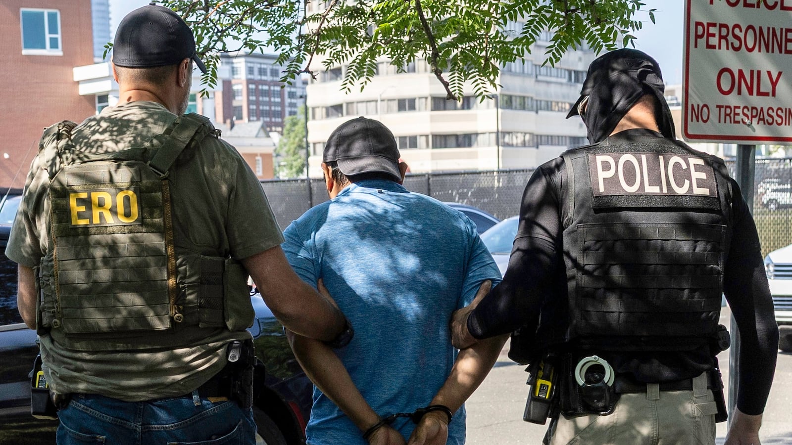 Agents from Immigration and Customs Enforcement (ICE) detain an immigrant after a court hearing at the Connecticut Superior Court on July 03, 2025 in Stamford, Connecticut. Masked federal officers, including ICE and FBI agents staked out the court facility and detained multiple immigrants following their court appearances. ERO stands for Enforcement and Removal Operations, a division of ICE.