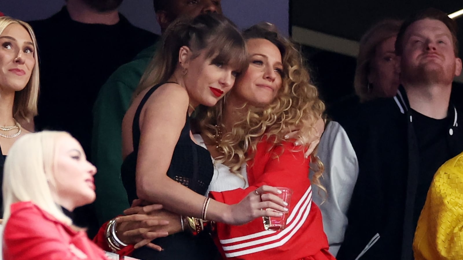 Rapper Ice Spice, Singer Taylor Swift and Actress Blake Lively hug prior to Super Bowl LVIII between the San Francisco 49ers and Kansas City Chiefs at Allegiant Stadium on February 11, 2024 in Las Vegas, Nevada.