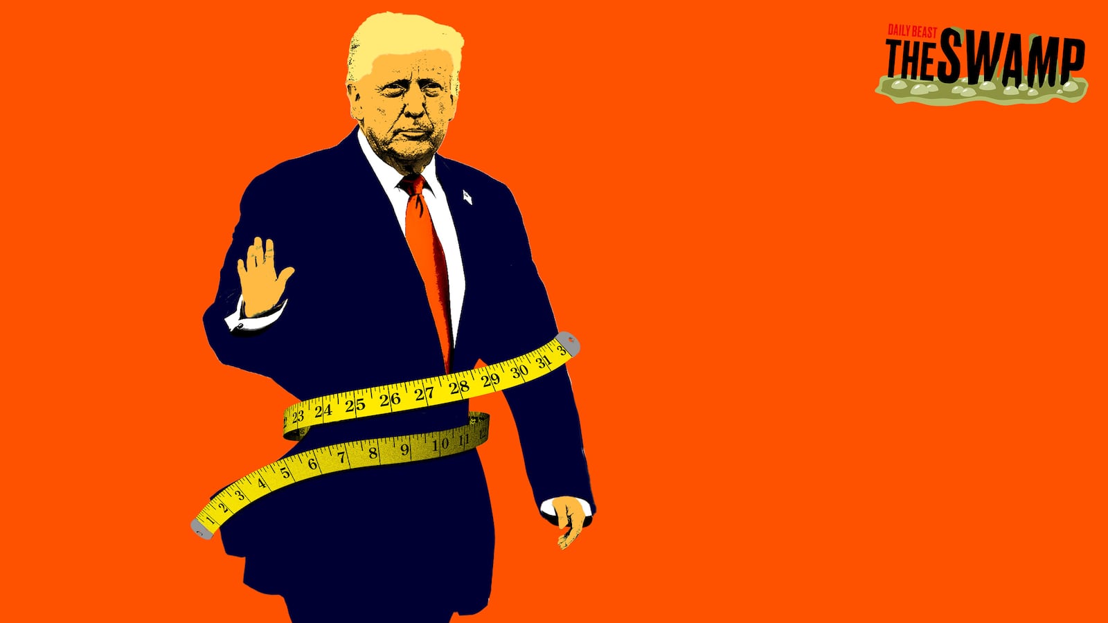 Photo illustration of Donald Trump with a small waist and a measuring tape around it