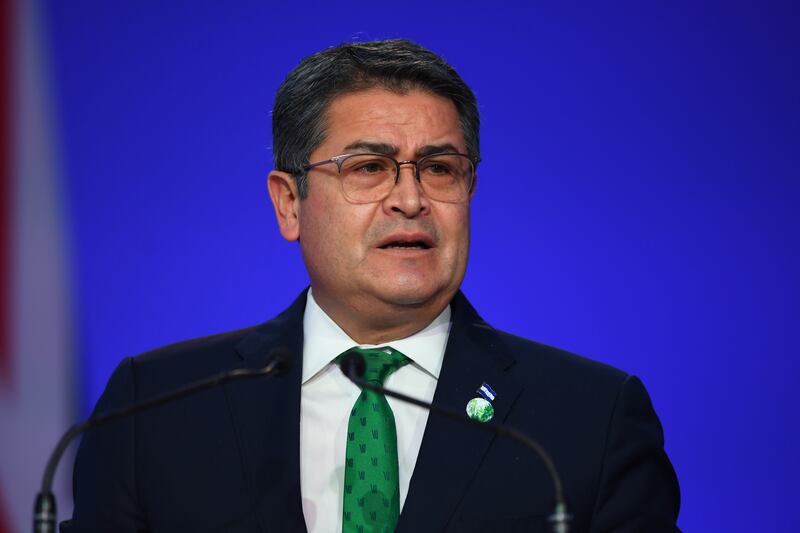 Juan Orlando Hernández presents his national statement during day two of COP26 at SECC on November 1, 2021 in Glasgow, United Kingdom.