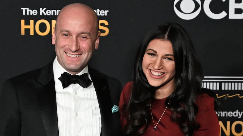 White House Deputy Chief of Staff Stephen Miller and his wife Katie Miller arrive for the 48th Kennedy Center Honors gala at the Kennedy Center in Washington, DC, on December 7, 2025.