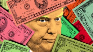 Donald Trump looking frustrated peaking out behind and in front of money cash in a photo illustration illo
