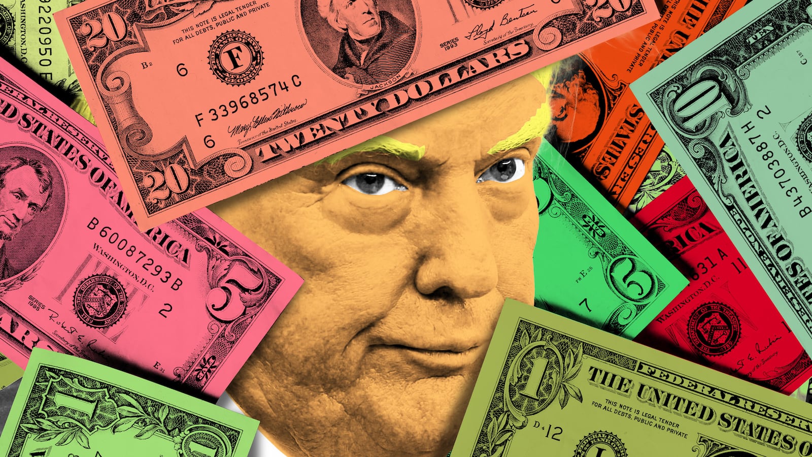 Donald Trump looking frustrated peaking out behind and in front of money cash in a photo illustration illo