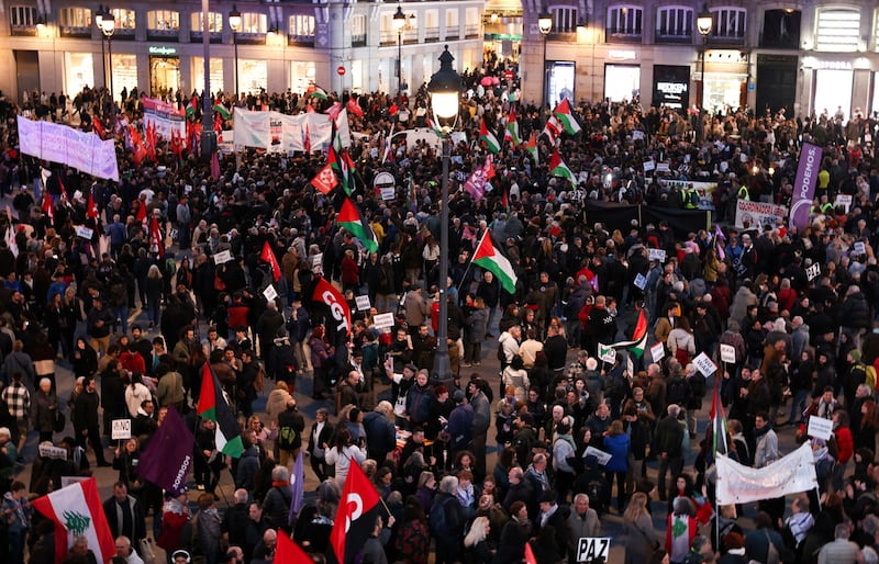 Protesters demonstrate under the slogan "Down with Trump and Zionism", amid the U.S.–Israeli conflict with Iran, in Madrid, Spain, March 21, 2026. REUTERS/Jon Nazca