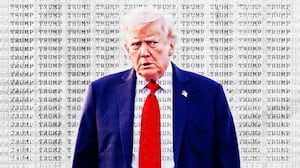 A photo illustration of Donald Trump and his name repeated along with Epstein.