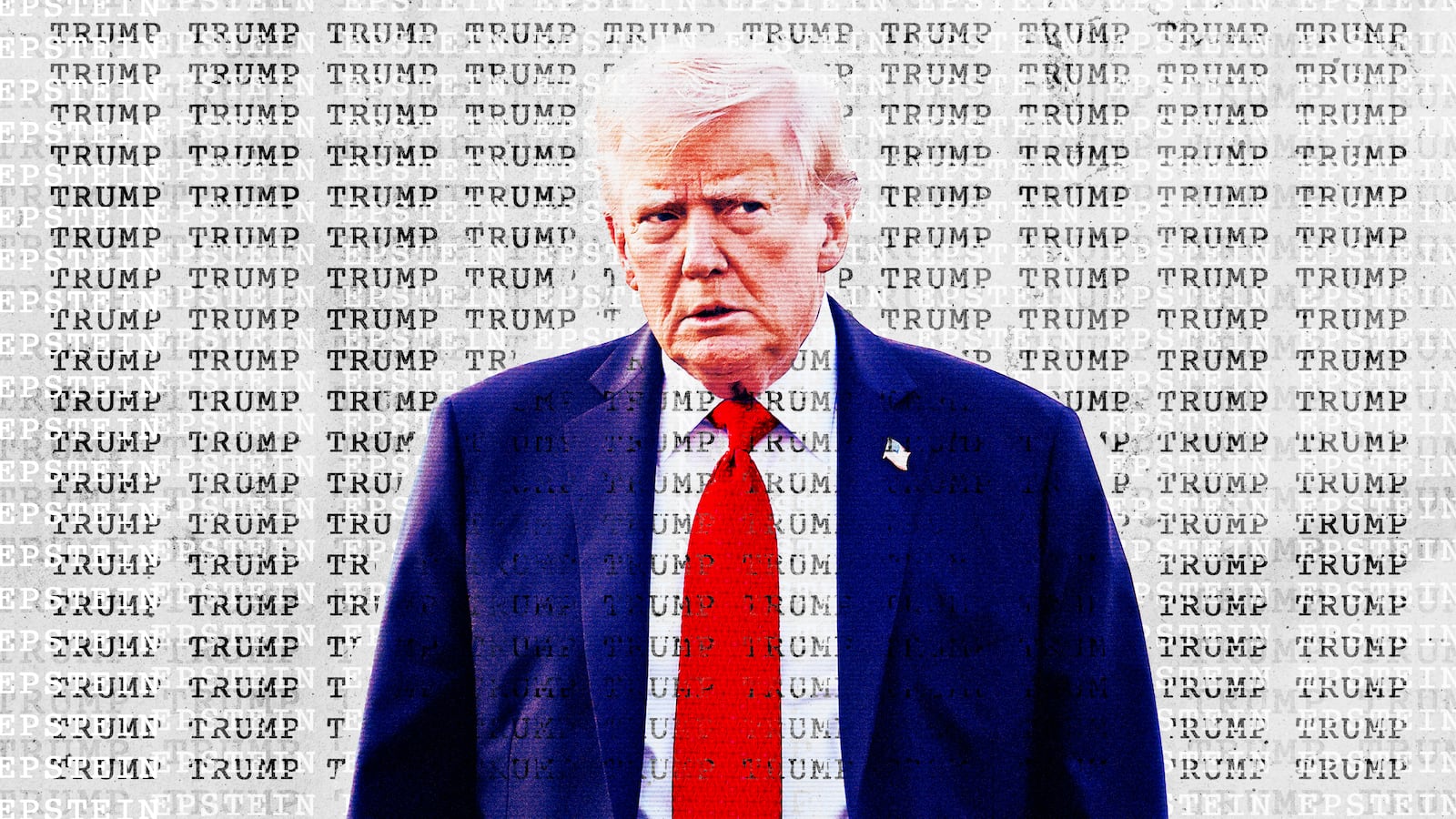 A photo illustration of Donald Trump and his name repeated along with Epstein.