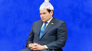 A photo illustration of Marco Rubio wearing an tinfoil hat.
