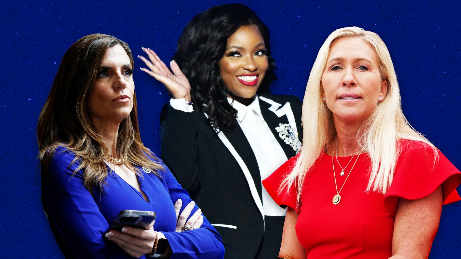 A photo illustration of Nancy Mace, Jasmine Crockett, and Marjorie Taylor Greene.