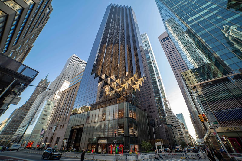 Trump Tower in New York city in the USA. The 58-floor skyscraper at Fifth Avenue in Midtown Manhattan hosts the headquarters for Trump Organization and houses the penthouse condominium residence of US President Donald Trump, who is also a businessman and real estate developer. The building was designed by Der Scutt in modernism architecture with glass and stepped facade at the building, construction began in 1979 in NYC. New York, USA on February 2020 (Photo by Nicolas Economou/NurPhoto via Getty Images)