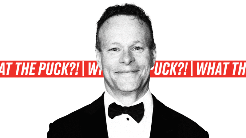 Photo illustrative gif of Chris Licht with a ticker behind him reading, “what the puck!”