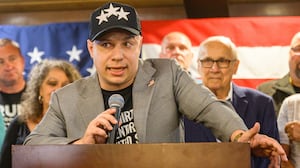 MAYFIELD, NY - JUNE 23: Anthony Constantino delivers his victory speech after defeating Assemblyman Robert Smullen in the Republican Party Primary for the 21st Congressional District on Tuesday June 23, 2026, at Lanzi's on the Lake in Mayfield, NY. (Jim Franco/Albany Times Union via Getty Images)
