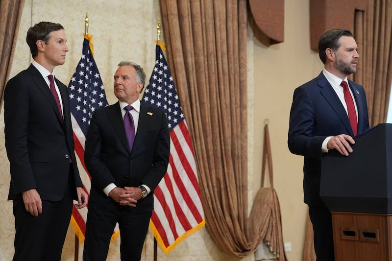 U.S. Vice President JD Vance speaks during a news conference after meeting with representatives from Pakistan and Iran as Jared Kushner and Steve Witkoff, Special Envoy for Peace Missions, listen, on  Sunday, April 12, 2026, in Islamabad, Pakistan. Jacquelyn Martin/Pool via REUTERS