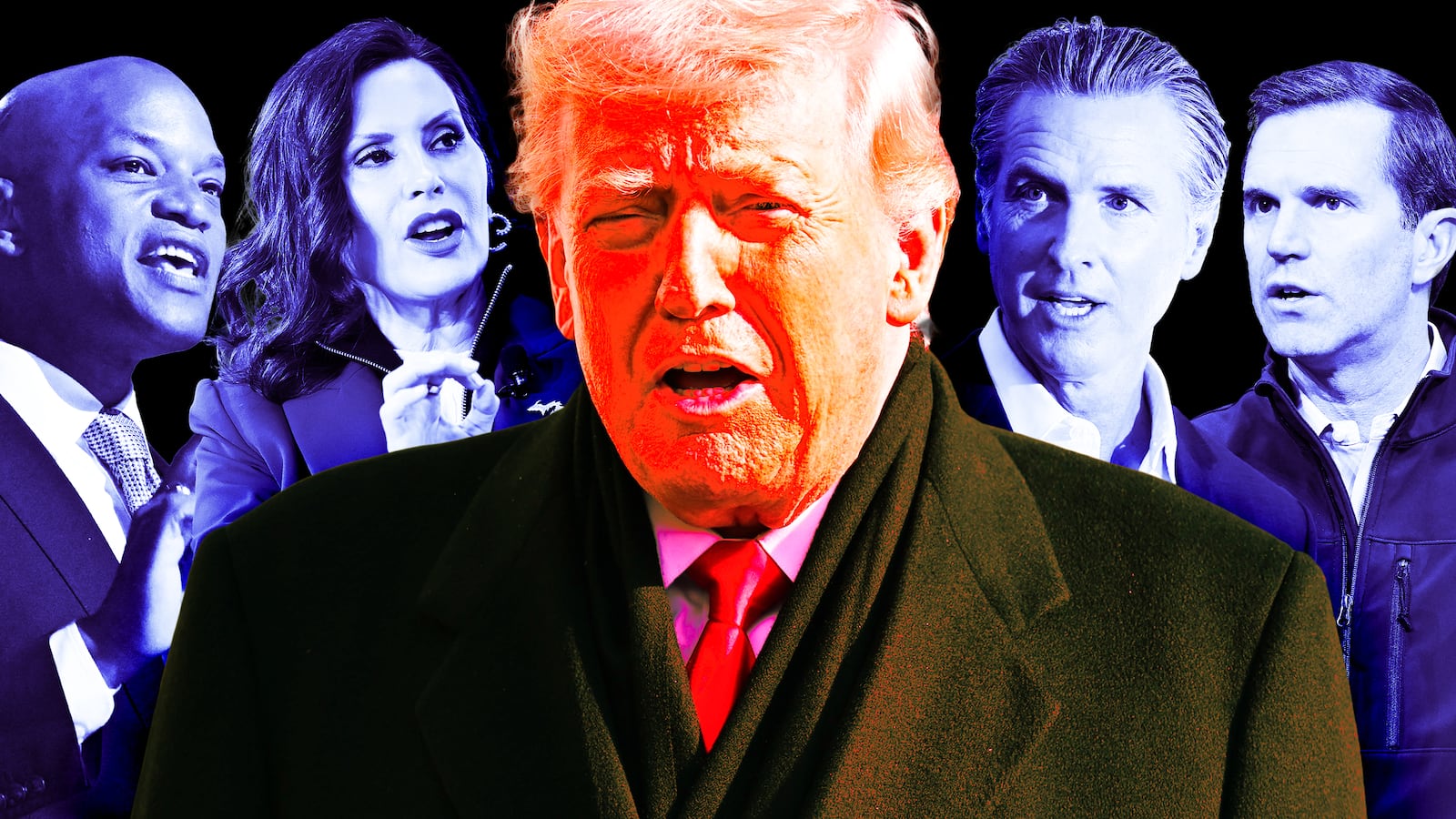 A photo illustration of Governors Moore, Whitmer, Donald Trump, Newsom, and Beshear.