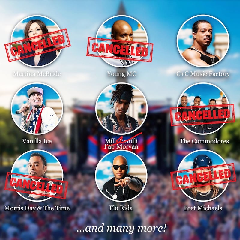 Illo illustration of a poster for the America 250 concert and the musical lineup including Martina McBride, Young MC, C+C Music Factory, Vanilla Ice, Milli Vanilli (Fab Morvan), The Commodores, Morris Day & The Time, Flo Rida, and Bret Michaels. Many acts have pulled out of performing