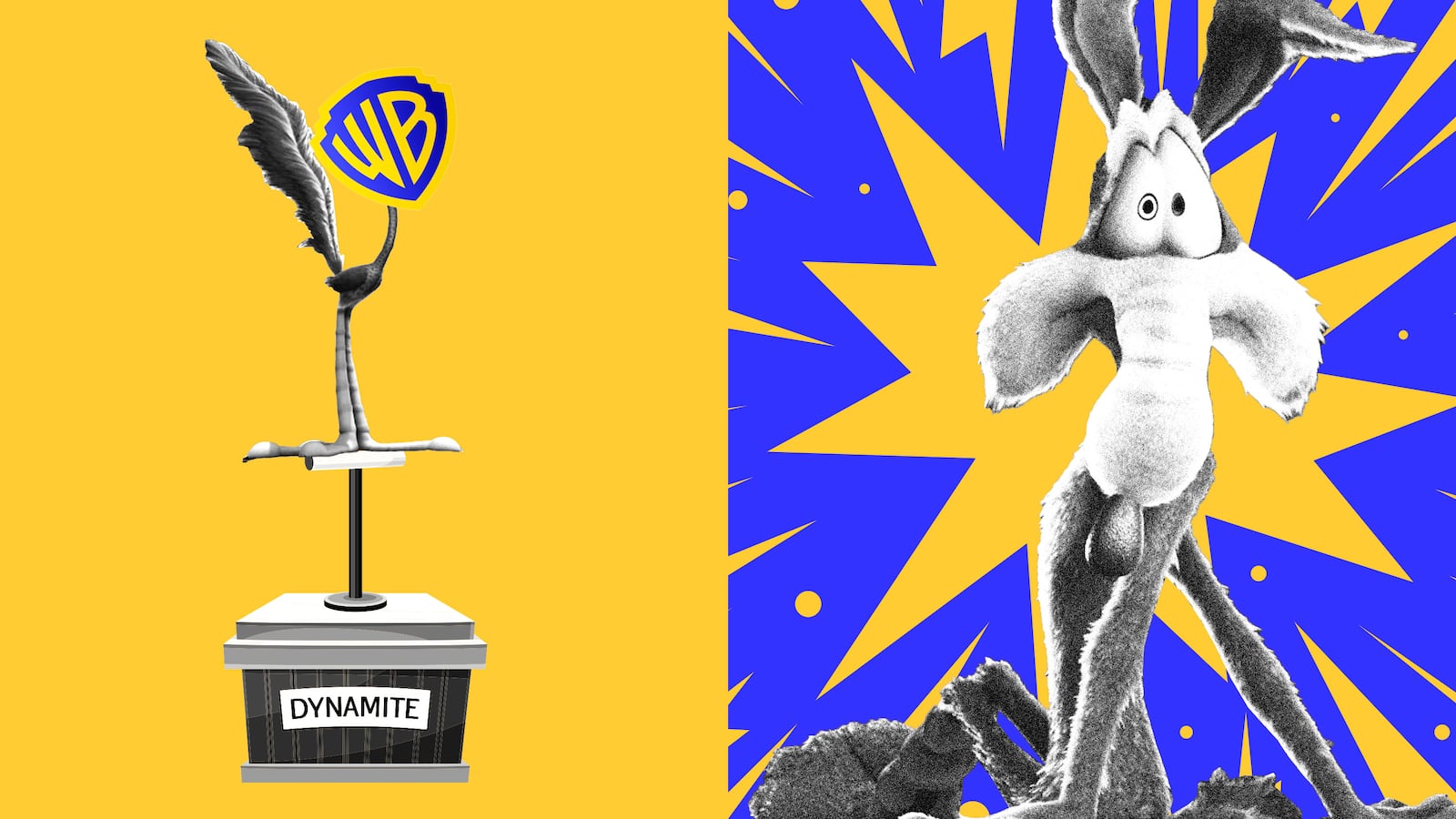 A photo illustration of Wile E. Coyote being blown up by a Warner Bros.-headed roadrunner