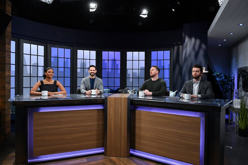 Candace Owens, Spencer Klavan, Elijah Schaffer, and John Doyle are seen on set of "Candace" on April 12, 2022.