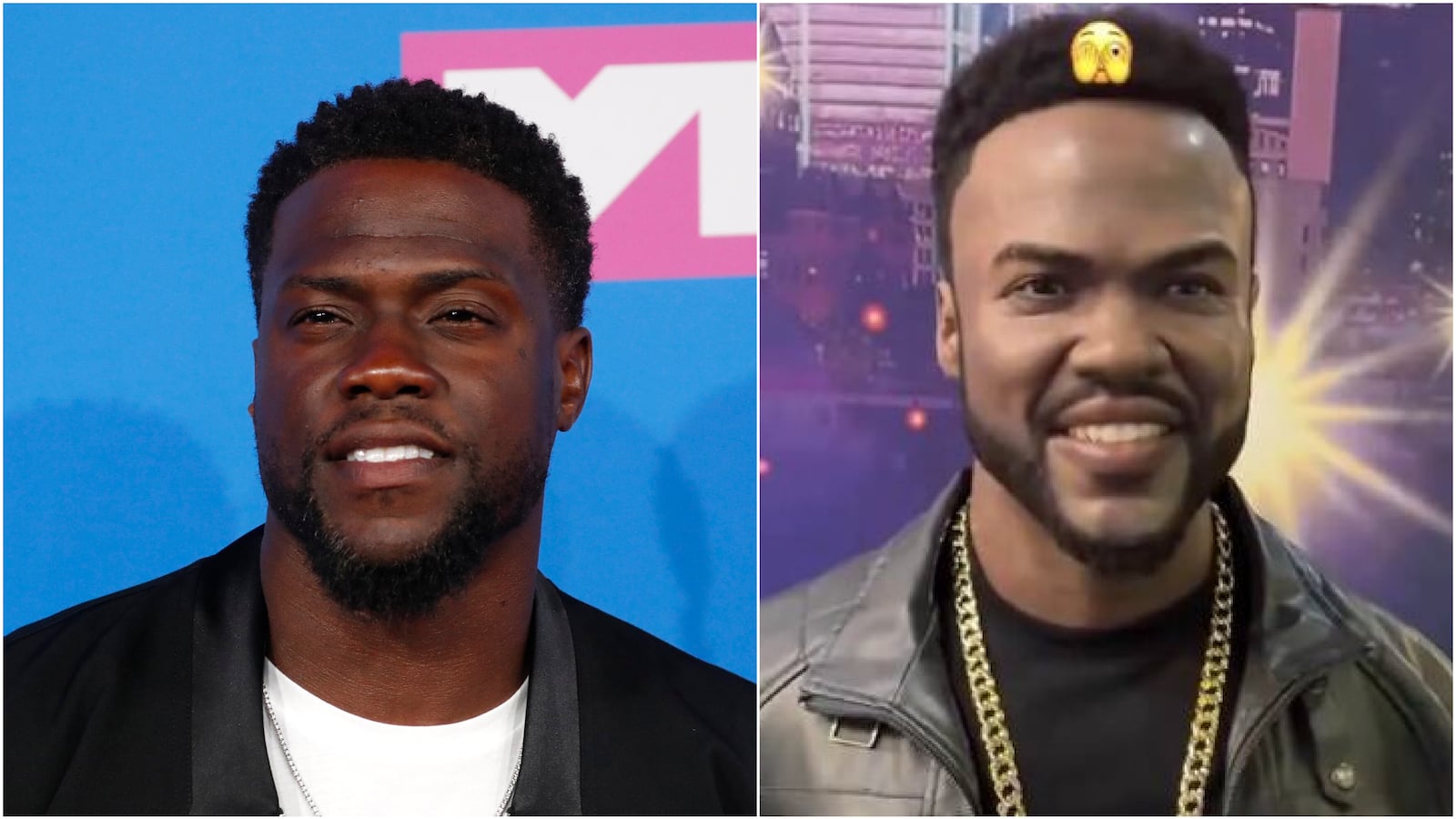 Kevin Hart, left, and a wax figure aimed to represent Hart, right.