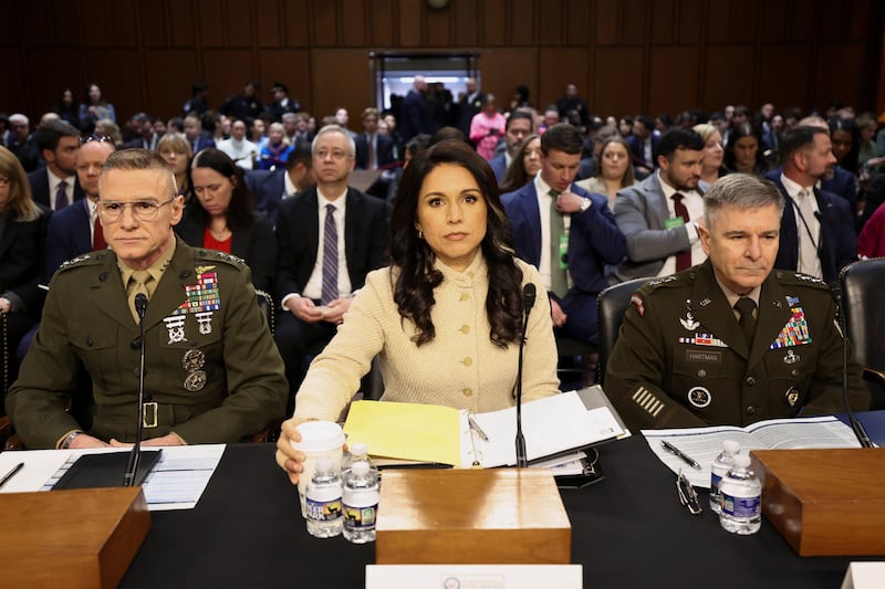 Defense Intelligence Agency Director Lt. Gen. James Adams, Director of National Intelligence (DNI) Tulsi Gabbard and Acting National Security Agency Director Lt. Gen. William Hartman testify before a Senate Intelligence Committee hearing on Capitol Hill in Washington, D.C., U.S., March 18, 2026.  REUTERS/Kevin Lamarque