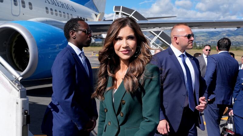 US Homeland Security Secretary Kristi Noem walks to board her plane to depart the Mariscal Sucre International Airport in Quito on July 31, 2025. (Photo by Alex Brandon / POOL / AFP) (Photo by ALEX BRANDON/POOL/AFP via Getty Images)