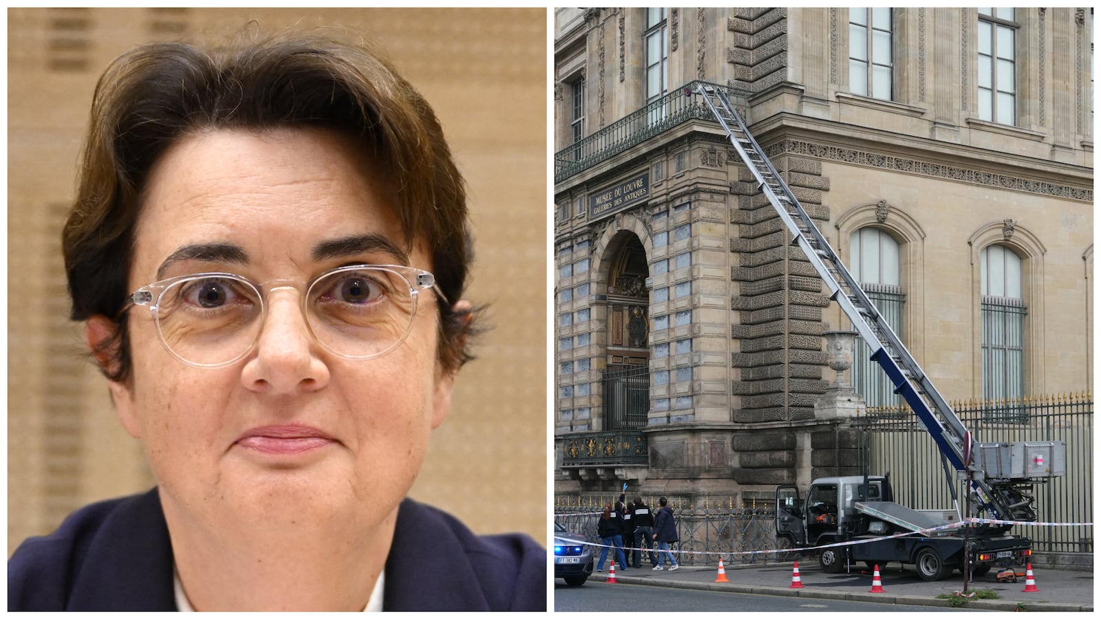 Left, Laurence des Cars. Right, truck and stairs used in robbery of The Louvre