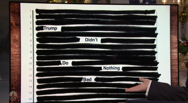 SNL, Trump shows mostly blacked-out Epstein file. (NBC)
