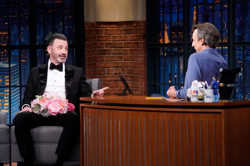 LATE NIGHT WITH SETH MEYERS -- Episode 1520 -- Pictured: (l-r) Comedian Jimmy Kimmel during an interview with host Seth Meyers on May 13, 2024 -- (Photo by: Lloyd Bishop/NBC via Getty Images)