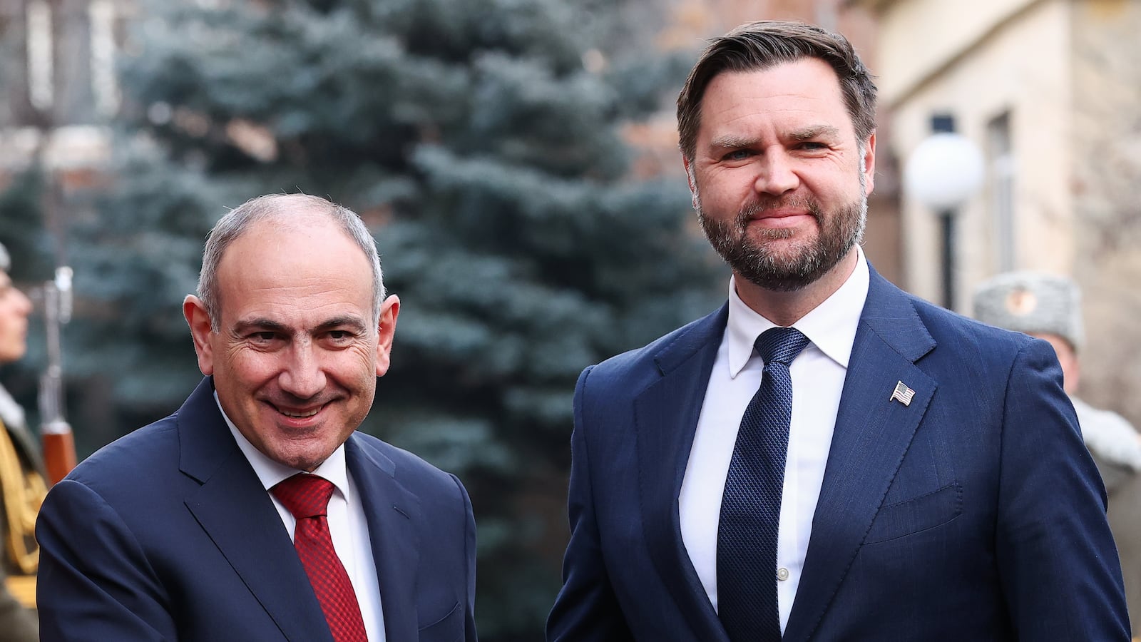 Armenia's Prime Minister Nikol Pashinyan shakes hands with U.S. Vice President JD Vance as the two meet to sign a nuclear agreement.