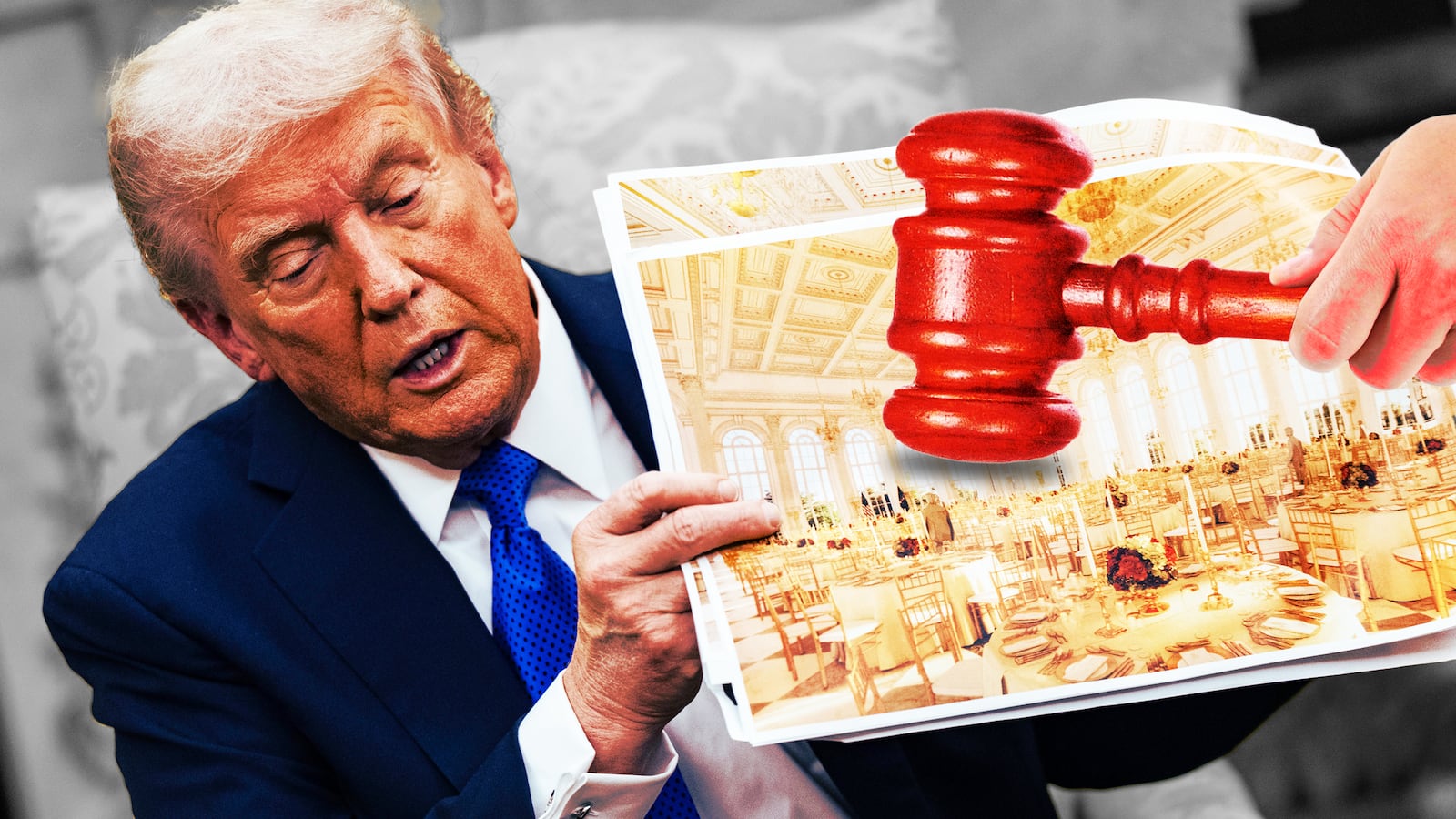 A photo illustration of Donald Trump holding a photo of the design of the White House ballroom and a red gavel.