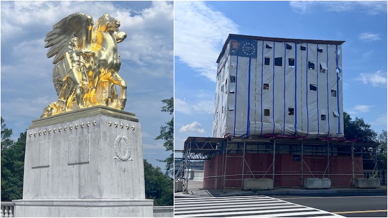Gold statue at left, Covered statue at right.