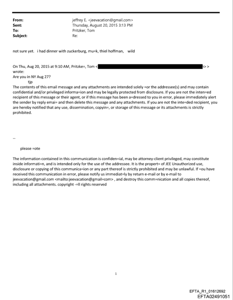 Epstein email about Zuckerberg, Thiel, Musk, Hoffman dinner